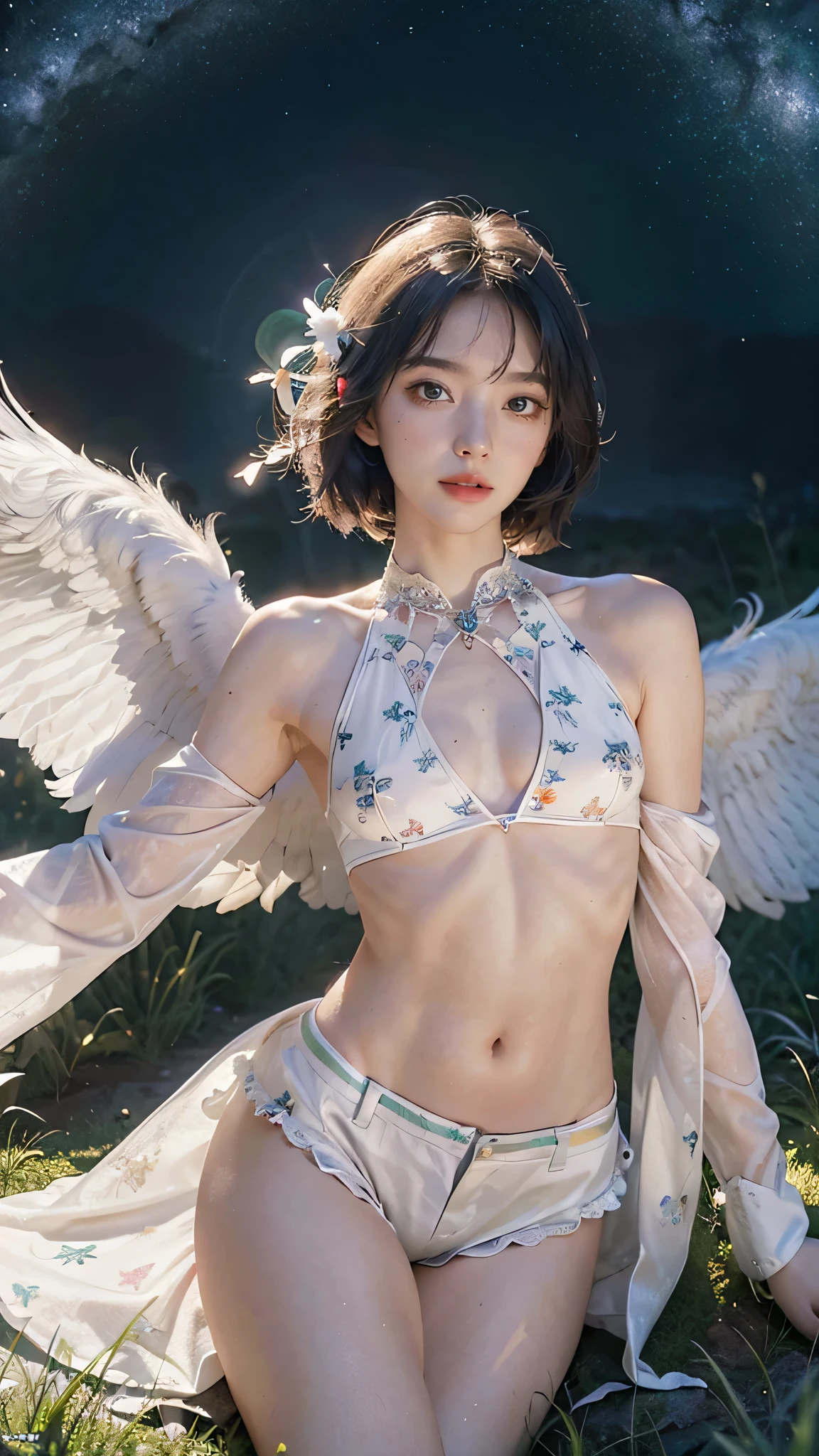 masterpiece,best quality,very aesthetic,absurdres,1boy,venti_/(archon/)_/(genshin_impact/),male_focus,detailed_eyes,(gnns:0.25),white feathered_wings,white halter_top,white shorts,hair_flower,midriff,black blue hair gradient,dsmile,((flat chest)),starry_sky,moon,starry_sky_print,((green eyes)),slender,feathers,divine,detailed_eyes,long_eyelashes,pink_lips,glossy lips,narrow_waist,wide_hips,seductive,flirtatious,iridescent volumetric light, god rays, heavenly,cosmic,celestial,