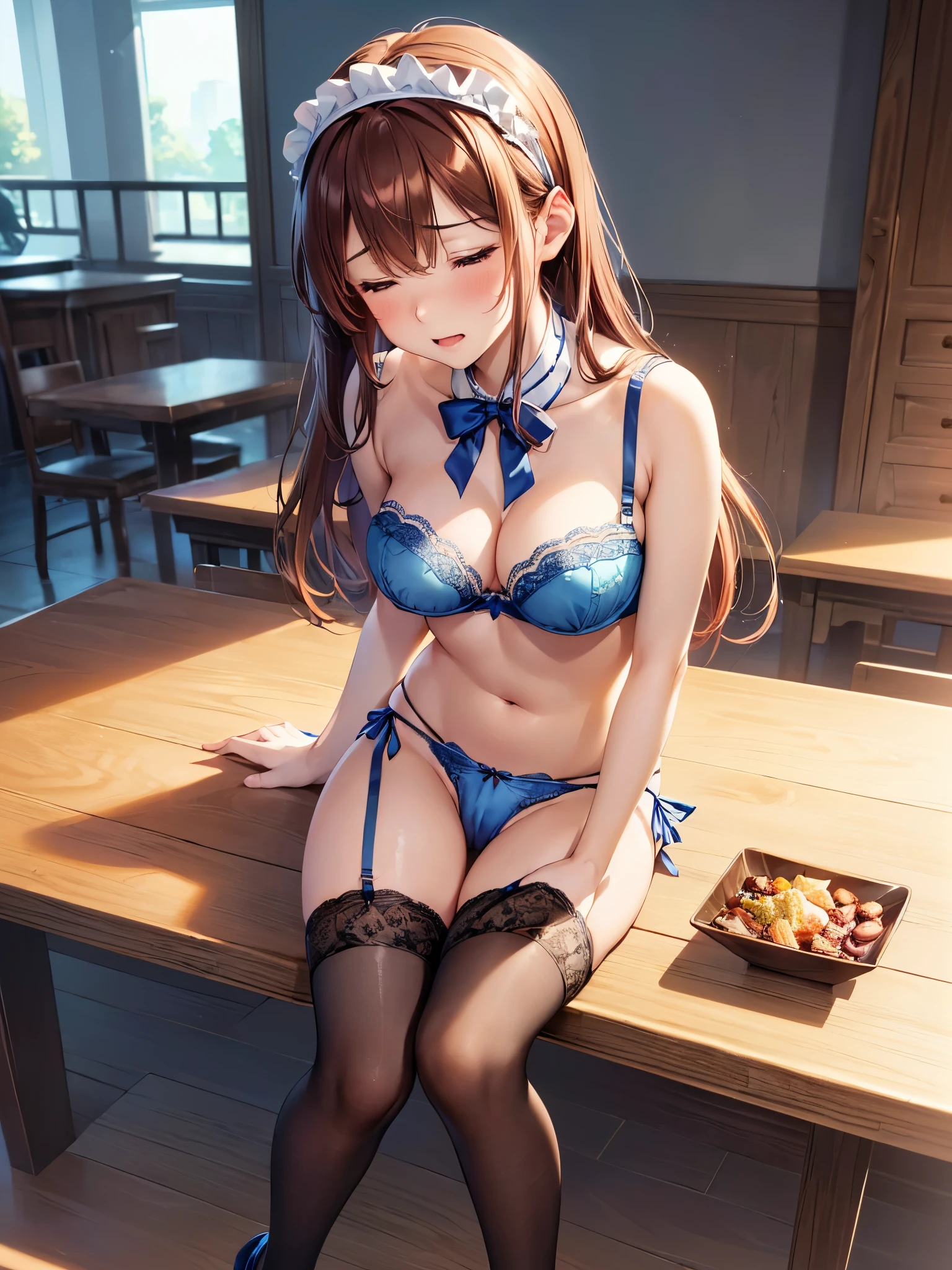 (((masterpiece, Highest quality, High resolution, 超High resolution, Perfect Pixel, Depth of written boundary, 4K, RTTX 10.0))), Beautiful Anime Women, Beautiful art style, Anime characters, ((Smooth texture, Realistic texture, Anime CG Style)), Exact finger count、Exact number of legs、(Exact number of arms:1.0, Exact number of hands:1.0), (Perfect hands, Perfect Anatomy), Cinematic, Realistic, Extremely detailed CG, Daytime lighting, Perfect lighting, Best Shadow, The best natural light, whole body, Perfect body, バランのとれたPerfect body, Perfectly balanced style, (Slender body:1.2), ((Long Hair, bangs, Reddish brown hair, Stylish hairstyle)), ((A cute woman stands with her hands in her panties:1.8)), (Put one hand in your panties:1.8), (fingering:1.8), (pussy juice:1.5), ((Bow tie around neck, High heels:1.3), (Sexy and cute blue underwear:1.3), (Stylish shiny blue satin panties, Side-tie panties, Panties with plain blue center and lace decoration on the sides:1.3), (Thin panties:1.3), (Blue micro lace satin bra, Blue bra with lace trim, Thin bra:1.3), (garter belt, Knee socks:1.3):1.3), (Beautiful big , Cleavage:1.1), (Embarrassed expression:1.4), blush, (sexual pleasure expression:1.5), (The expression of someone who is holding in the toilet:1.4), (Look up, Mouth half open, Half-close your eyes:1.2), (Stylish cafe, amusement park, A busy store, Chair, table, Outdoor:1.3), naked, In underwear, Waitress in underwear, (Frilly maid-like headband:1.2), whole body, Angle from the front, chizuru
