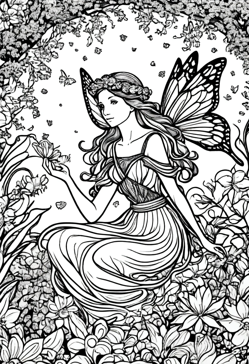 (A black and white coloring book:1.5), A fairy weaving a garland of flowers in a sun-dappled glade, white background, colouring page, clean outline