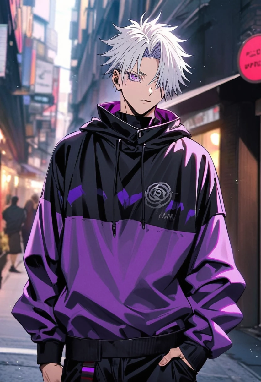 A jujutsu kaisen style boy with white hair with purple highlights, purple eyes and a street outfit