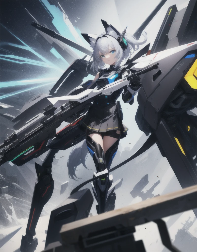 girl with partial light mecha top suit ((small neko ears)) and ((fox tail)), mechanical extensions, stokings, ((one leg has a_ black stocking)), the other leg is skin, holding a giant Sniper Rifle Pointed to the ground, Beautiful face with perfect sky-blue and green eyes, white hair, damaged oversized shirt over the suit which shows shoulders and skin. Futuristic wings with neon and rifles Cool dynamic pose, school skirt, mecha musume, mechanical parts, mecha, headgear, robot joints, full armor, becoming a mecha. High quality anime style