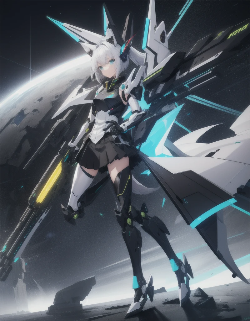 girl with partial light mecha top suit ((small neko ears)) and ((fox tail)), mechanical extensions, stokings, ((one leg has a_ black stocking)), the other leg is skin, holding a giant Sniper Rifle Pointed to the ground, Beautiful face with perfect sky-blue and green eyes, white hair, damaged oversized shirt over the suit which shows shoulders and skin. Futuristic wings with neon and rifles Cool dynamic pose, school skirt, mecha musume, mechanical parts, mecha, headgear, robot joints, full armor, becoming a mecha. High quality anime style