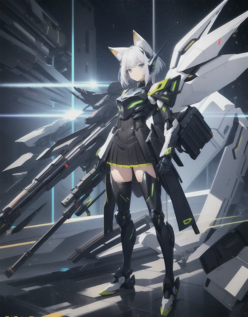 girl with partial light mecha top suit ((small neko ears)) and ((fox tail)), mechanical extensions, stokings, ((one leg has a_ black stocking)), the other leg is skin, holding a giant Sniper Rifle Pointed to the ground, Beautiful face with perfect sky-blue and green eyes, white hair, damaged oversized shirt over the suit which shows shoulders and skin. Futuristic wings with neon and rifles Cool dynamic pose, school skirt, mecha musume, mechanical parts, mecha, headgear, robot joints, full armor, becoming a mecha. High quality anime style