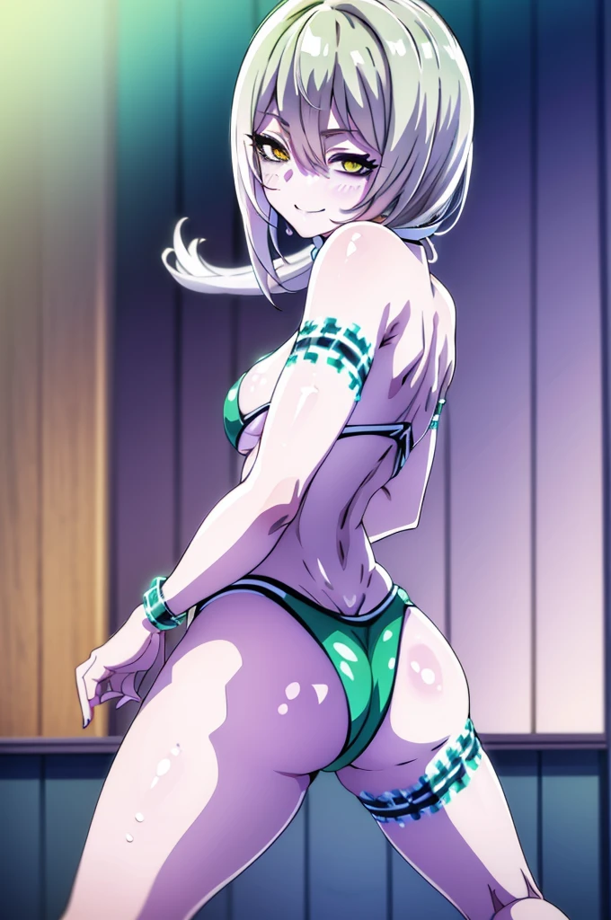 (masterpiece, best quality, ultra-detailed), 1girl, solo, LokiKamikatsu, digital choker, digital bikini white skin, looking at viewer, blush, seductive smile, erotic, (show ass)