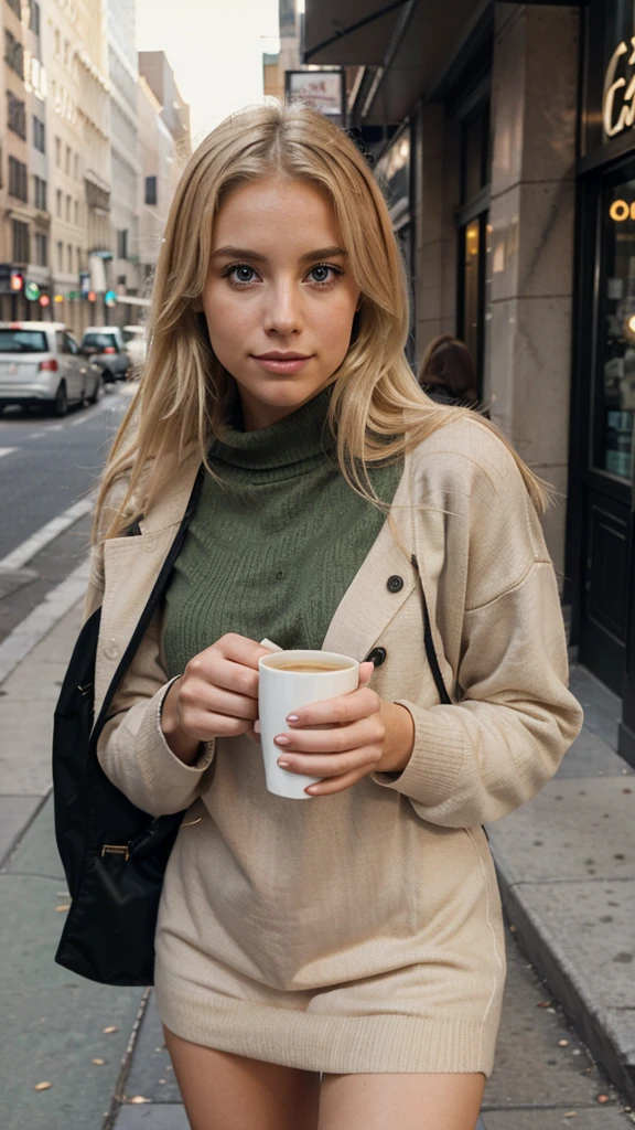 Femme blond realiste qui boit du café qui regarde la caméra dans un rue a new York qui porte un pull