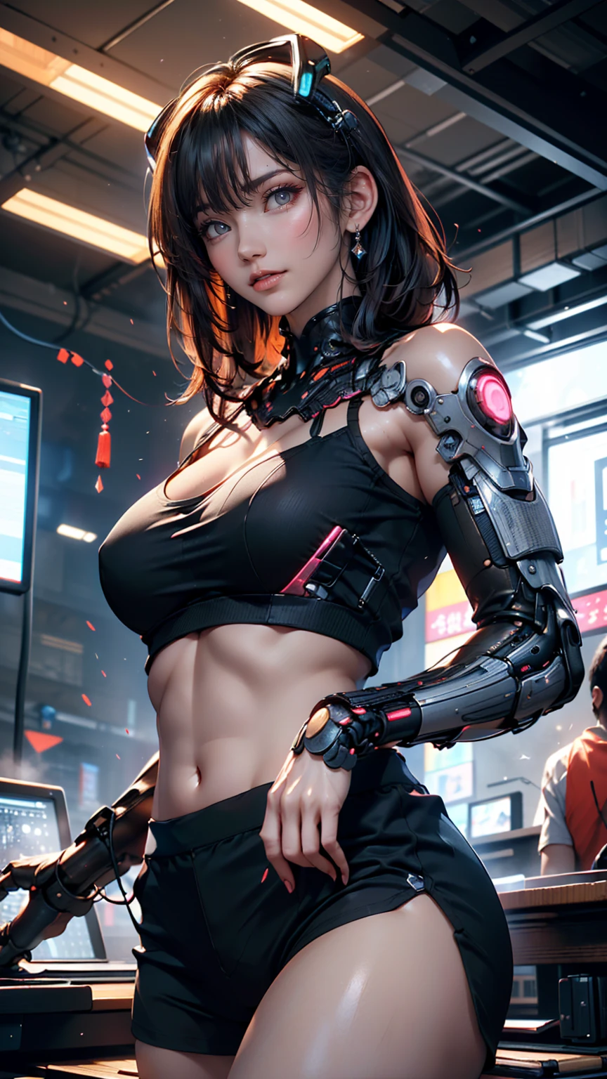 beautiful cyberpunk girl wearing a Futuristic head mounted display, (Detailed skin), Pale skin, (in a deep neckline highly detailed sexy Futuristic cyberpunk black crop top and underpants made of circuit boards, cybernetics, Japanese words with flare effect, A beautiful epic composition, Futuristic, masterpiece, Sensual, Charm, Pose for a photo