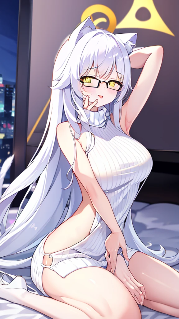 A 20-year-old female angel with long hair, white hair, yellow eyes, white cat ears, and white angel wings. A glowing yellow halo ring above the head. Round glasses. (White halter turtleneck sweater, white purekiller sweater, sleeveless, sexy backless sweater, white dress) White arm warmers, stick out tongue, bedroom