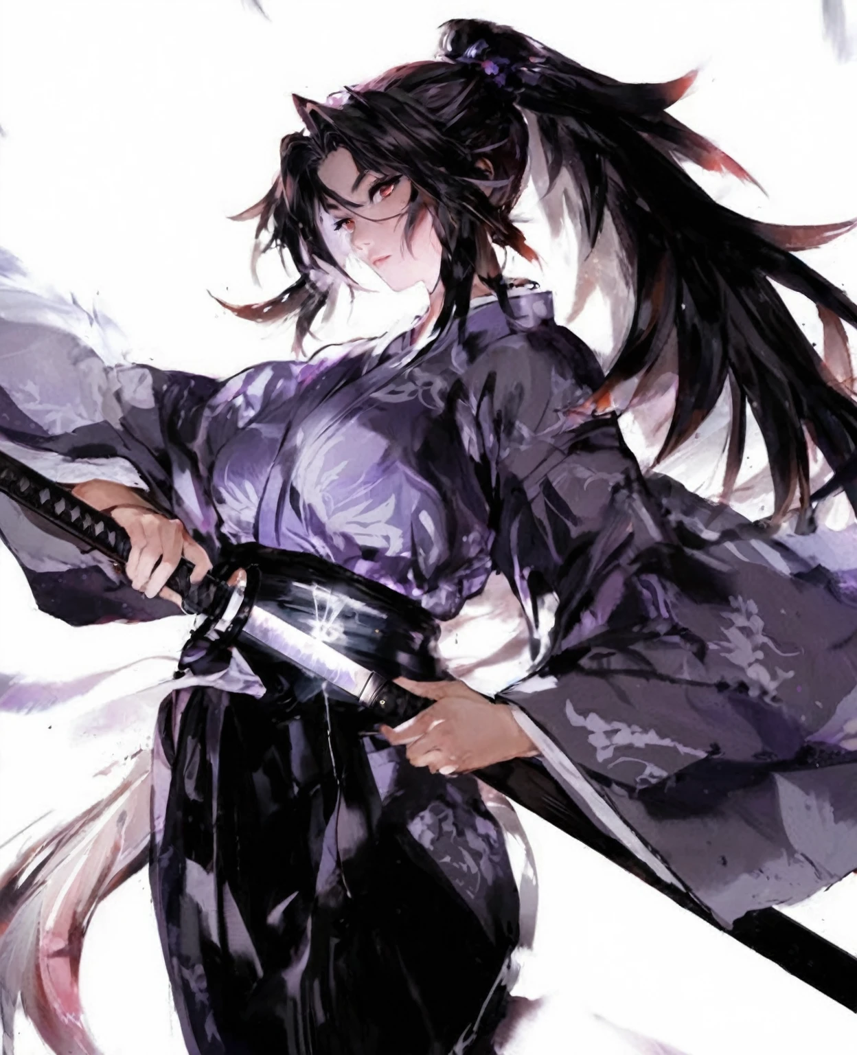 1 woman, Beautiful samurai woman in purple yukata and katana in her hands and red eyes. She’s in battle position, anime girl with sword and wings in a purple outfit, from arknights, badass anime 8 k, she is holding a katana sword, female anime character, katana, female action anime girl, katana zero, katana zero video game character, female samurai, anime style 4 k, unsheathing her katana, inspired by Okumura Masanobu