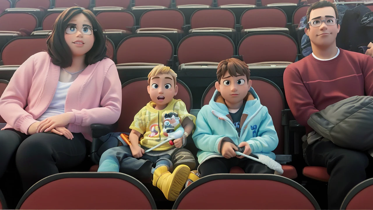 masterpiece, best quality, (extremely detailed CG unity 8k wallpaper), (best quality), (best illustration), (best shadow),A couple with two sitting in stadium, high quality photo, group photo, group portrait, commissioned, 8k quality, photo realistic in disney pixar style. high quality, 8k, master piece, 3d disney, disney pixar