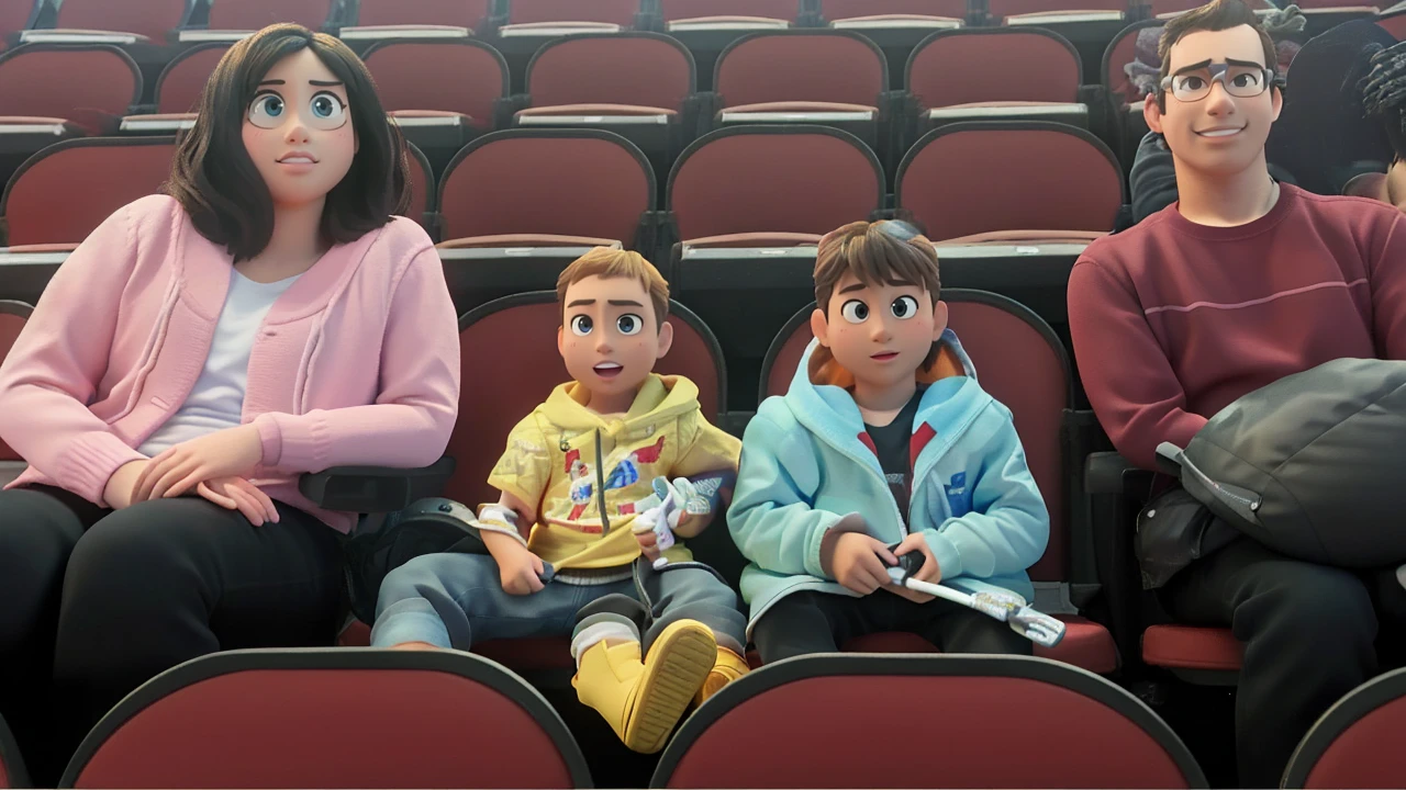 masterpiece, best quality, (extremely detailed CG unity 8k wallpaper), (best quality), (best illustration), (best shadow),A couple with two kids sitting in stadium, high quality photo, group photo, group portrait, commissioned, 8k quality, photo realistic in disney pixar style. high quality, 8k, master piece, 3d disney, disney pixar