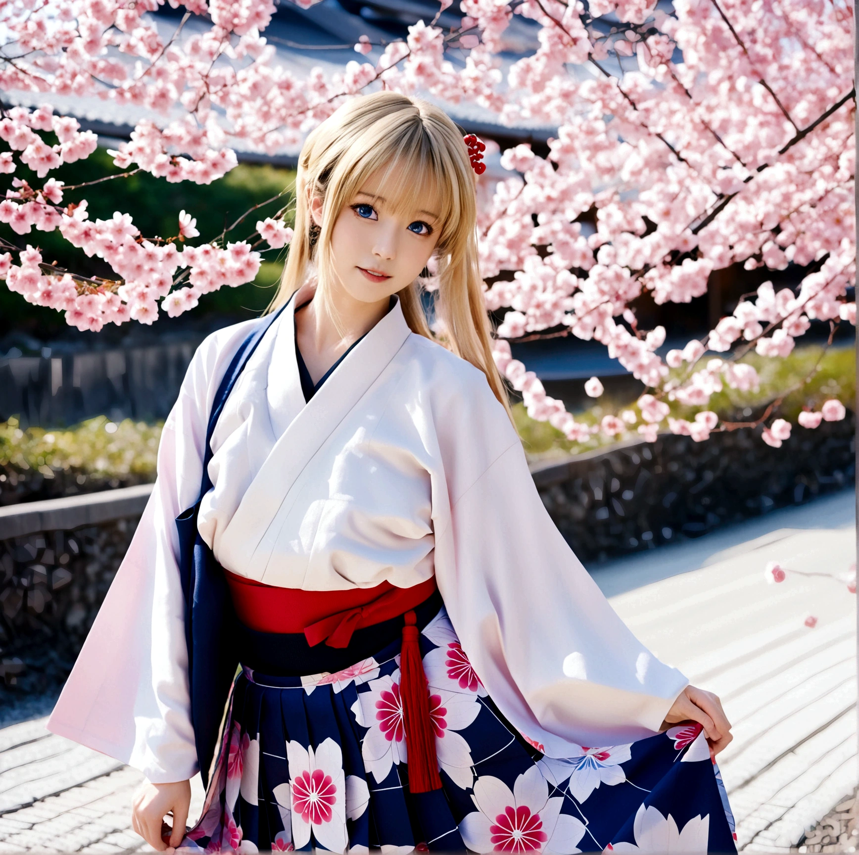 1girl, solo, long hair, blue eyes, skirt, blonde hair, long sleeves, japanese clothes, kimono, petals, floral print, cherry blossoms, hakama, hakama skirt, meiji schoolgirl uniform, black hakama