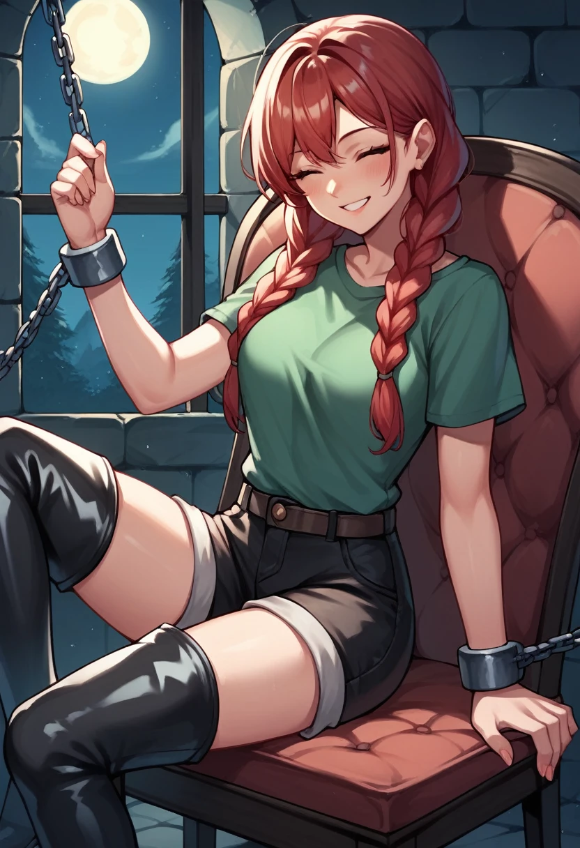 score_9, score_8_up, score_7_up, score_6_up, score_5_up, score_4_up, source_anime, 1woman, she sit on chair, smile, red hair, braids, close eyes, w-w-chain, shackles, put on wrist, hands, show woman in shackles,bracelets with chains, long hair, green shirt, shorts, thigh boots, sexy boots, night, key dungeon, best quality, best res, 4K UHD,
 