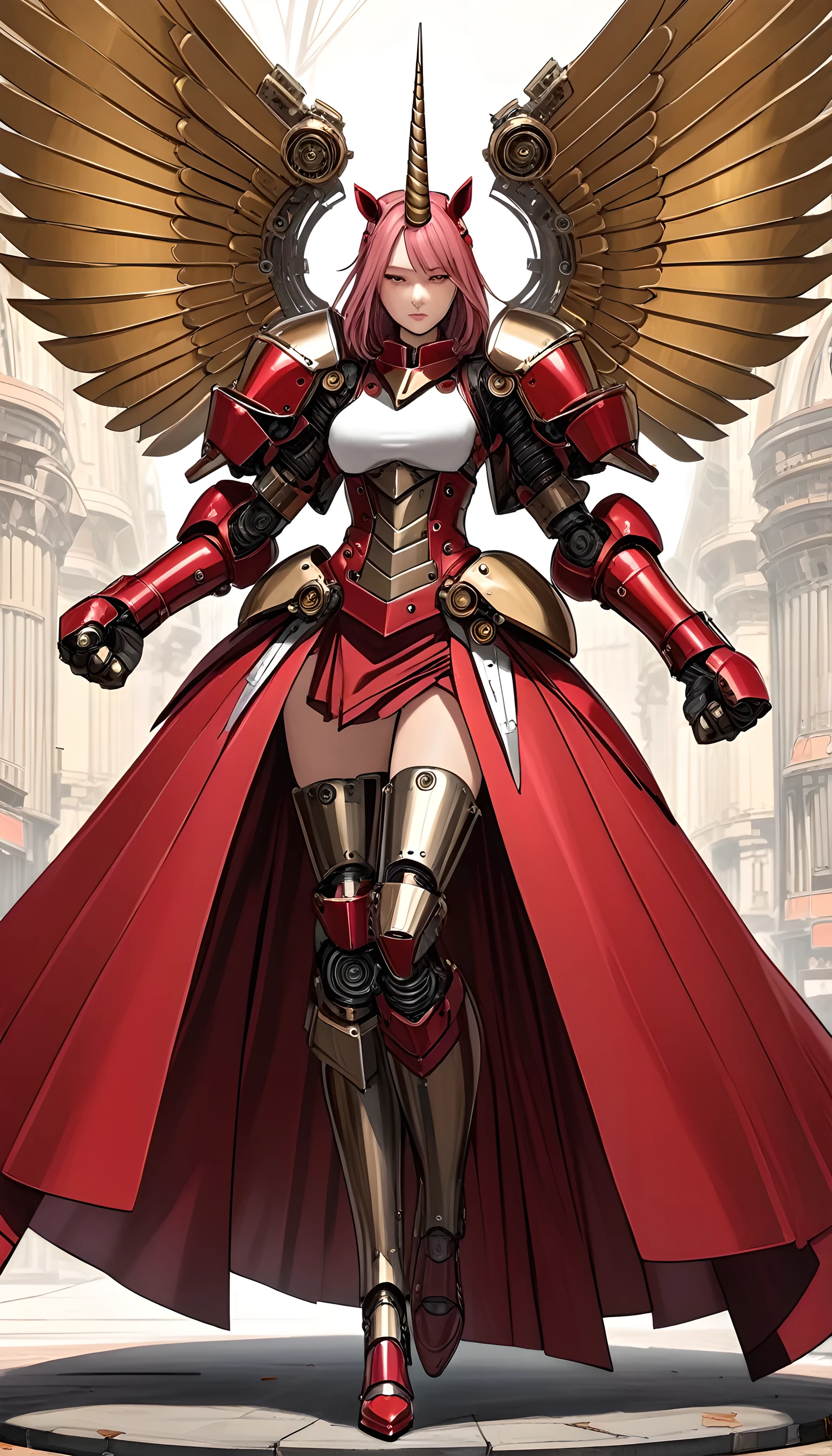 unicorn horn,metal spiral sharp corners,in style of Santiago Caruso,
huge mechanical angel wings,mechanical_halo,1 girl,mechanical wrist,mechanical skirt with pleated skirt,(huge makeover mechanical fists:1.5),
the fist flashed red,(bold,smooth,elegant,curvaceoous,precise:1.2)