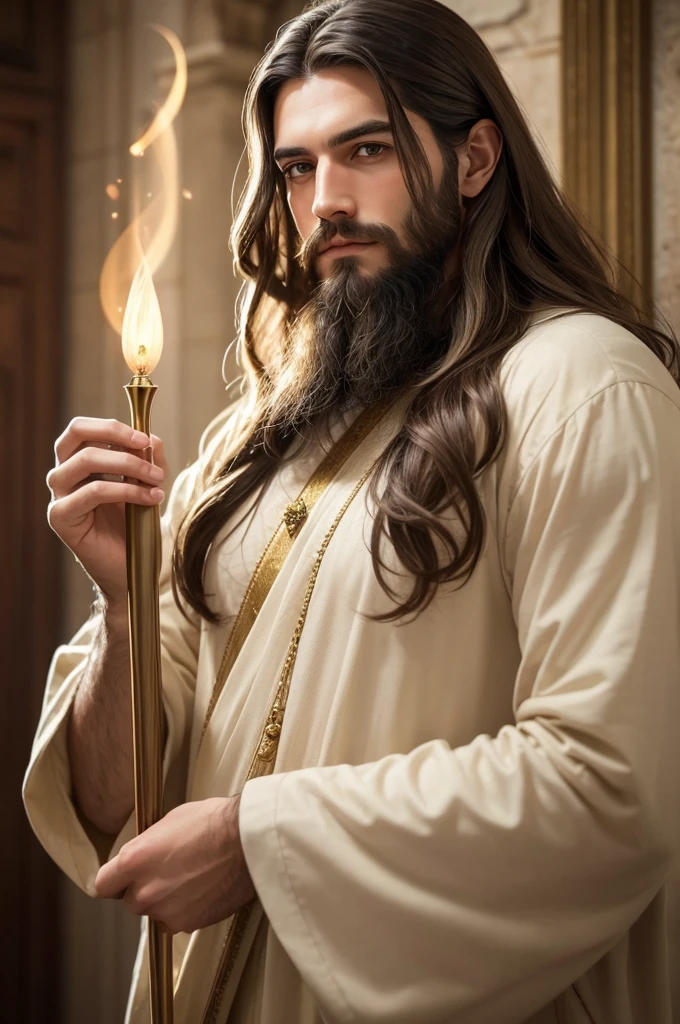 Create an image of a man who looks like Jesus, with his hand pointing forward and with long hair and beard. He must have expressive green eyes and a serene look. Lighting should be soft and silver, highlighting your features in an angelic way. He must be wearing golden clothes, old-style, with subtle gold details. No fundo, add a radiant light effect emanating from a specific point, creating a divine and sacred atmosphere.