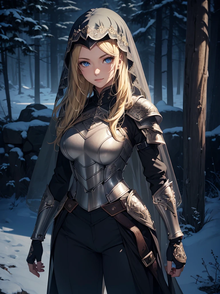 ((1girl, solo)), beautiful body, (perfect anatomy, perfect body, perfect hands, perfect legs), (five fingers:1.5), natural proportions, sexy body, large breasts, cowboy shot BREAK
((extremely detailed face)), (beautiful detailed eyes:1.6), (realistic pupils, realistic iris:1), expressive eyes, looking at viewer, (clear eyes:1.3), (hyperrealistic:1.2), (detailed skin texture:1.2), smooth skin, (blonde hair:1.5), blue eyes, long hair, (detailed lips:1.2), (attractive lips:1.1), (glossy lips:1.1), (grin), perfect face, perfect eyes BREAK
female knight, (veil:1.5), long sleeves, (armor:1.5), (shoulder armor:1.2), (arm guard:1.3), armor gloves, (pants:1.5), skin tight, ((pelvic curtain)), armored boots, belt BREAK
(outdoors:1.5), (day:1.3), (winter:1.3), trees, (shade of trees:1.2), (snow), mountain range, medieval BREAK
(masterpiece:1.5), anime-style, top quality, best quality, (beautiful and aesthetic:1.2), (ultra detail:1.5), Ultra-detailed depiction, Ultra-precise depiction, extremely detailed 8k illustration, high resolution, (highly detailed shading:1.2), (realistic lighting:1.4), perfect lighting, vibrant colors, dynamic tones, striking hues, 8k, absurd resolution, perfect shadows, hdr, UHD, ambient lighting, realistic, ultra-realistic, photo realistic, highly detailed, rich detail, luminous colors, fine texture, intricate design, professional illustration, (soft light:1.2), (illustration:0.7)