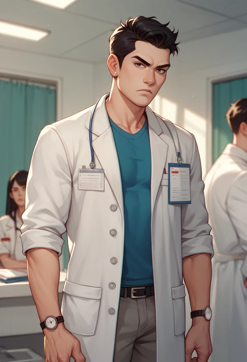 Asian guy, long hair, medical coat, doctor, more skinny Man, handsome man, dark circles, serious, Long hair man, black hair