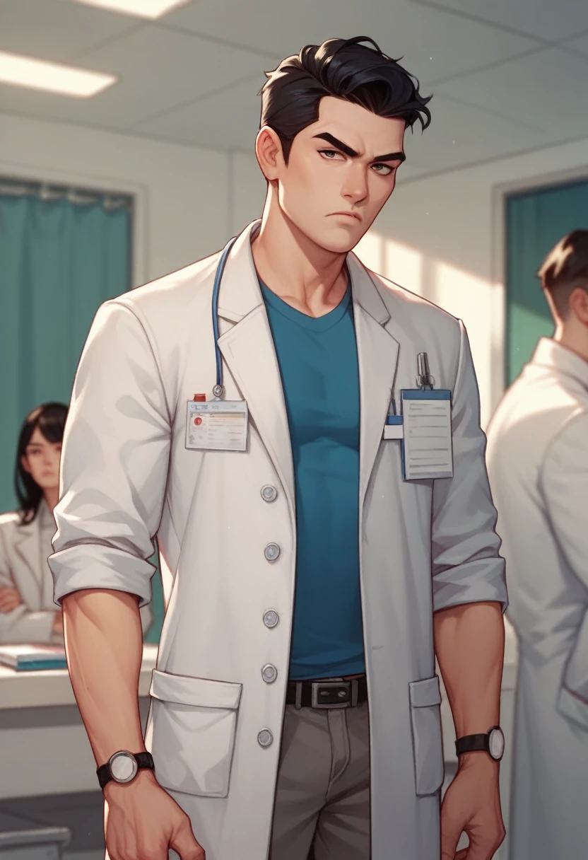 Asian guy, long hair, medical coat, doctor, more skinny Man, handsome man, dark circles, serious, Long hair man, black hair