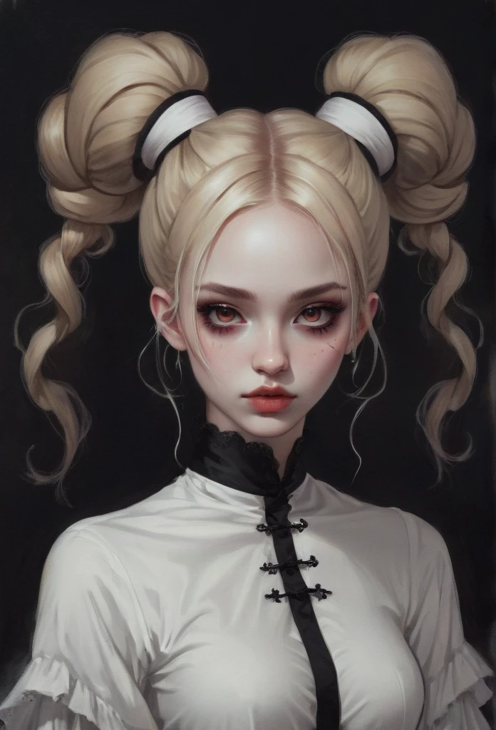 gothic aesthetic, I created an image of a woman with a thin face, your skin color is red, she has a tail, wear white clothes, her hair is blonde and she wears a two-bun hairstyle on her head., gothic and dark style art