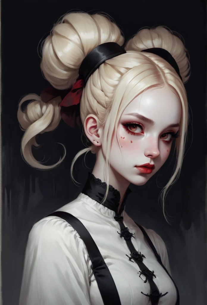 gothic aesthetic, I created an image of a woman with a thin face, your skin color is red, she has a tail, wear white clothes, her hair is blonde and she wears a two-bun hairstyle on her head., gothic and dark style art
