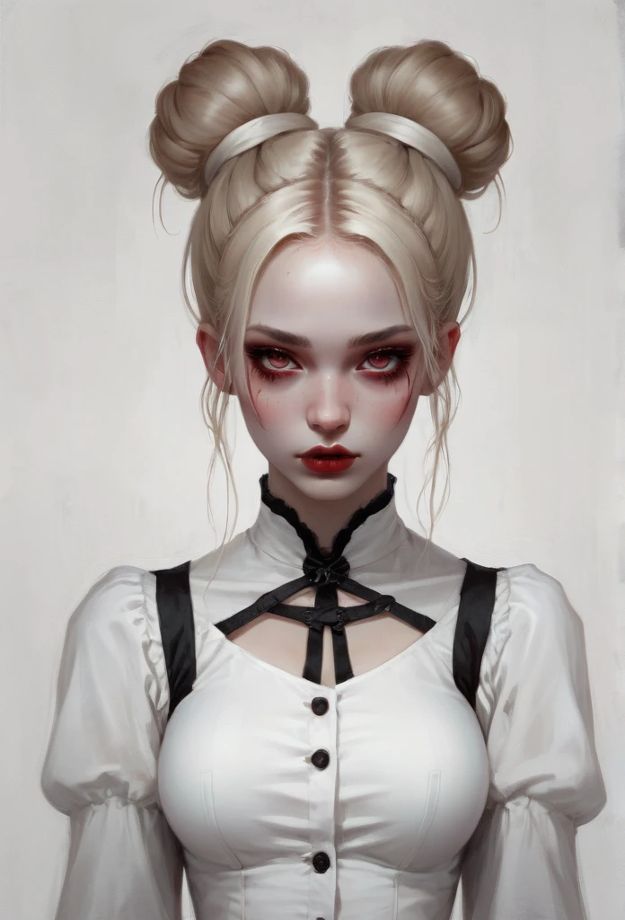 gothic aesthetic, I created an image of a woman with a thin face, your skin color is red, she has a tail, wear white clothes, her hair is blonde and she wears a two-bun hairstyle on her head., gothic and dark style art