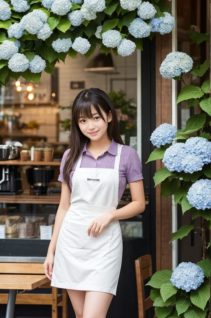 A 20-year-old girl working at a coffee shop surrounded by blooming hydrangeas(Wearing a miniskirt and apron)