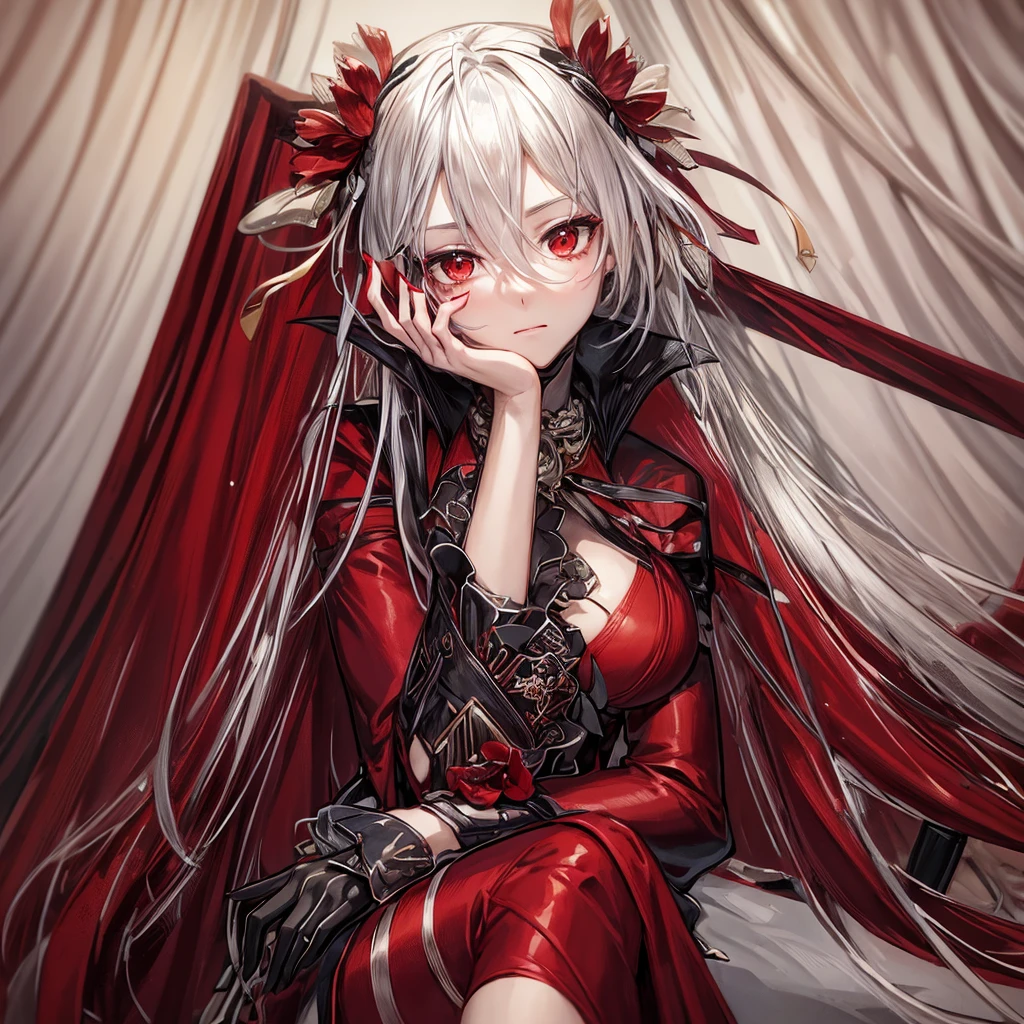 A young woman with long, flowing silver hair and piercing red eyes sits with her chin resting on her hand, gazing thoughtfully at the viewer. She is dressed in a red and black outfit with intricate details and a touch of lace, giving her a sophisticated and mysterious air. The lighting is warm and soft, highlighting her features and creating a sense of intimacy. red erythrina flowers on the head. black leg stockings.

[Anime style, detailed and realistic, inspired by the works of Mihoyo and Pixiv artists], [soft lighting, warm colors, smooth textures, slight blur effect on the background, shallow depth of field]