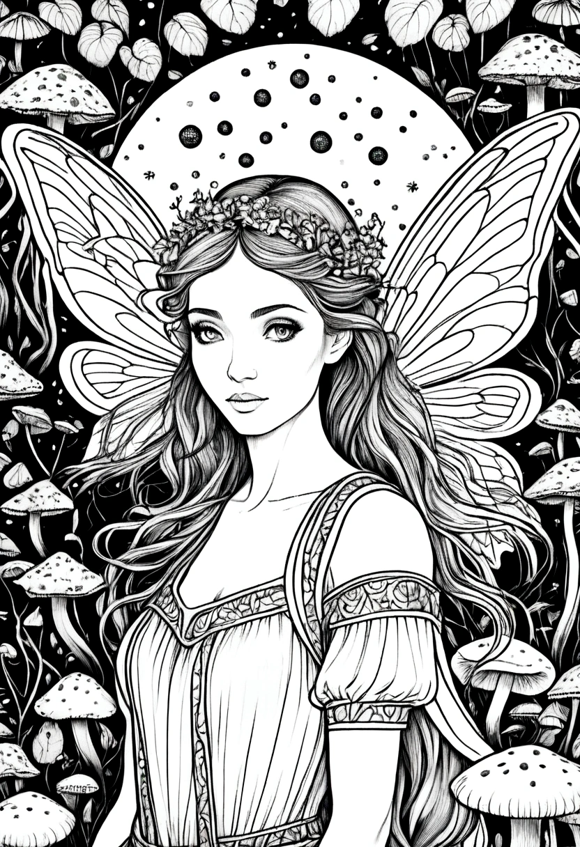 (A black and white coloring book:1.5), A fairy surrounded by glowing mushrooms in an enchanted forest, clean line art, white background, colouring page, clean outline