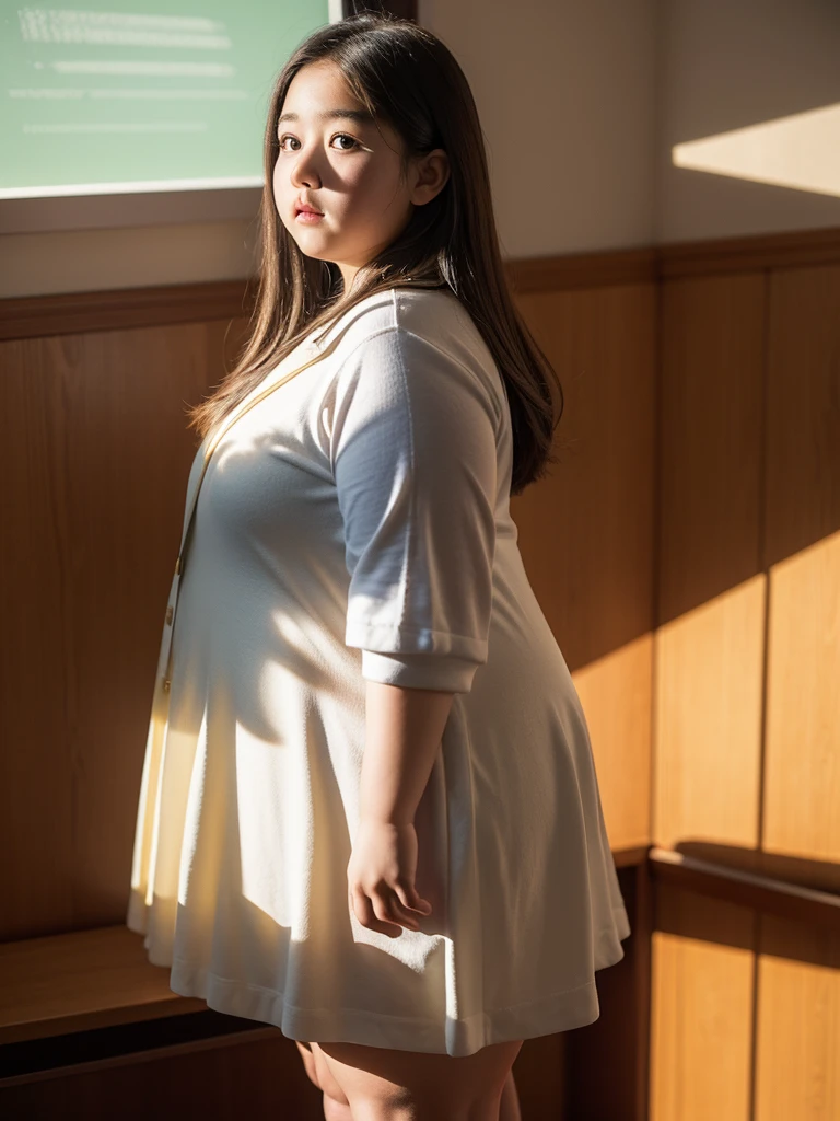 a  obese girl, chubby cheeks, round face, double chin, thick arms and legs, wearing a , standing in a school setting, realistic, detailed, highly detailed, intricate details, photorealistic, 8k, masterpiece, cinematic lighting, dramatic shadows, vibrant colors