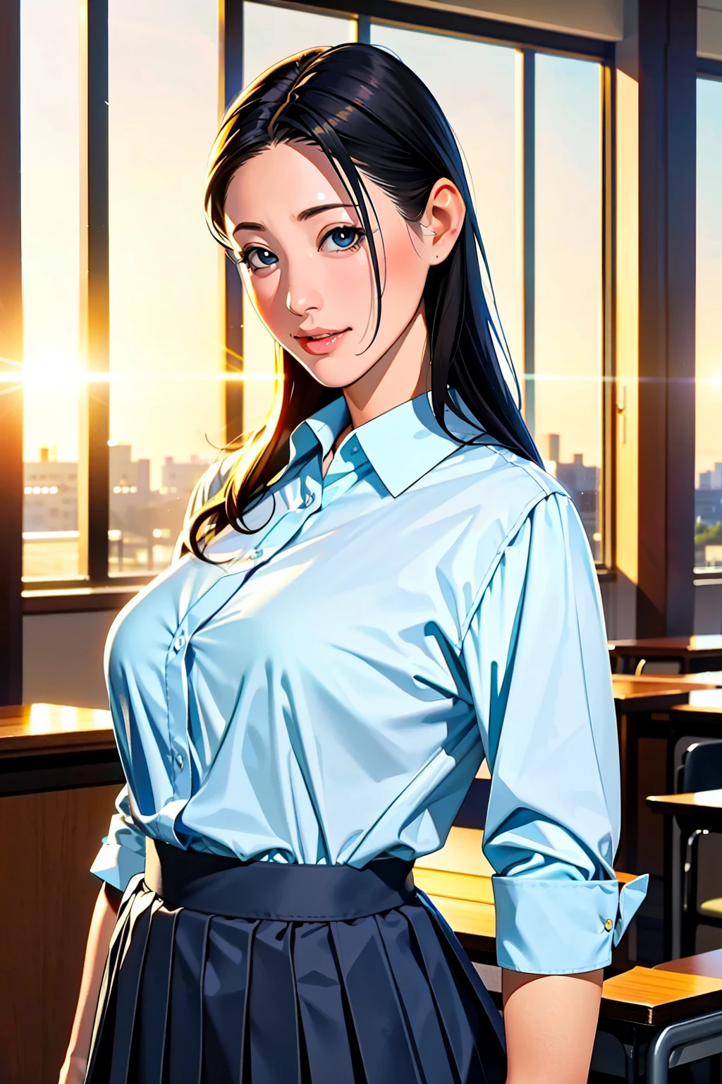(Highest quality、Tabletop、Best image quality、Award-winning works。Ultra-high resolution、8K)、1 female teacher、30-year-old woman、Mature Woman、Beautiful illustrations、 (Natural Side Lighting、Great cinema lighting)、Written boundary depth、Look at me、 (Face Focus, Upper Body)、Front view, Perfect Face, Beautiful symmetrical face, Shiny skin,Beautiful Hair, Accentuate your body lines、 Beautiful thighs、 (Polyester button-up shirt:1.2)、(A tight skirt with no pleats made of black melton fabric:1.2)、(Beautiful romantic sunset:1.1)、(Tyndall effect:1.1)、evening, (School classroom blurred background:1.2), Are standing, (Roll up your skirt to show your underwear:1.5)