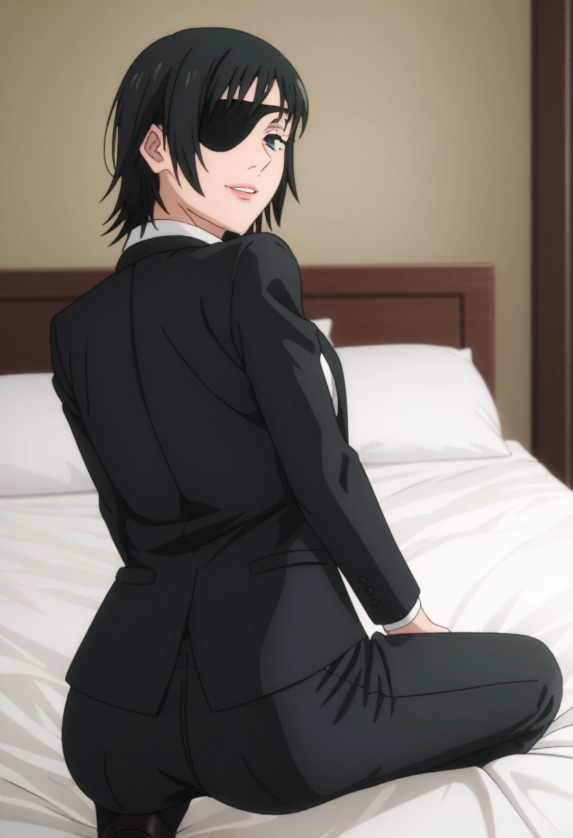 score_9_up, score_8_up, score_7_up, 1girl, solo, mature female, Himeo, black short hair, black eyes, right eye closed with eyepatch, pink lips, parted lips, fit slim body, perfect medium erected breast, (((black blazer, white shirt with black tie, black pants))), (((higly detailed modern luxury bedroom))), looking at the viewer, rose cheeks, naughty smile, bend over the bed and showing her ass, looking back, from behind