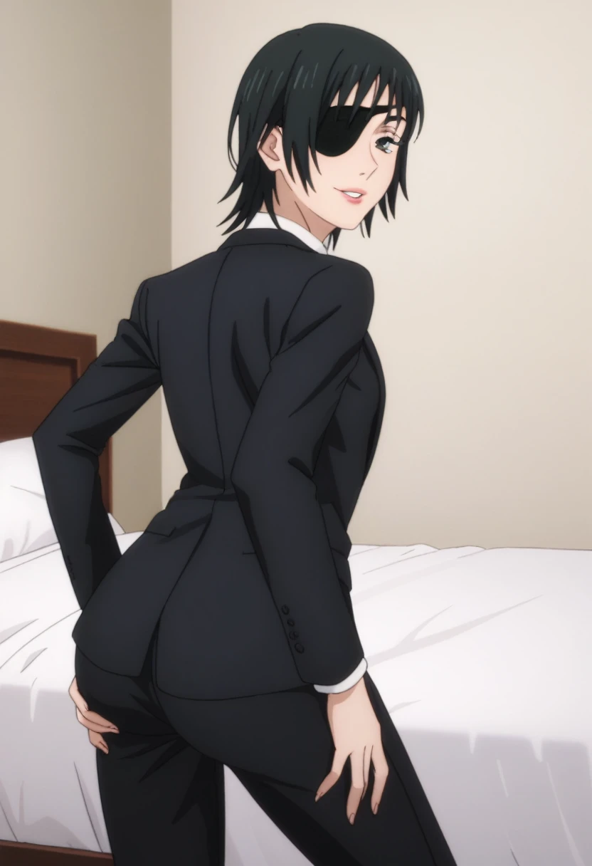 score_9_up, score_8_up, score_7_up, 1girl, solo, mature female, Himeo, black short hair, black eyes, right eye closed with eyepatch, pink lips, parted lips, fit slim body, perfect medium erected breast, (((black blazer, white shirt with black tie, black pants))), (((higly detailed modern luxury bedroom))), looking at the viewer, rose cheeks, naughty smile, bend over the bed and showing her ass, looking back, from behind