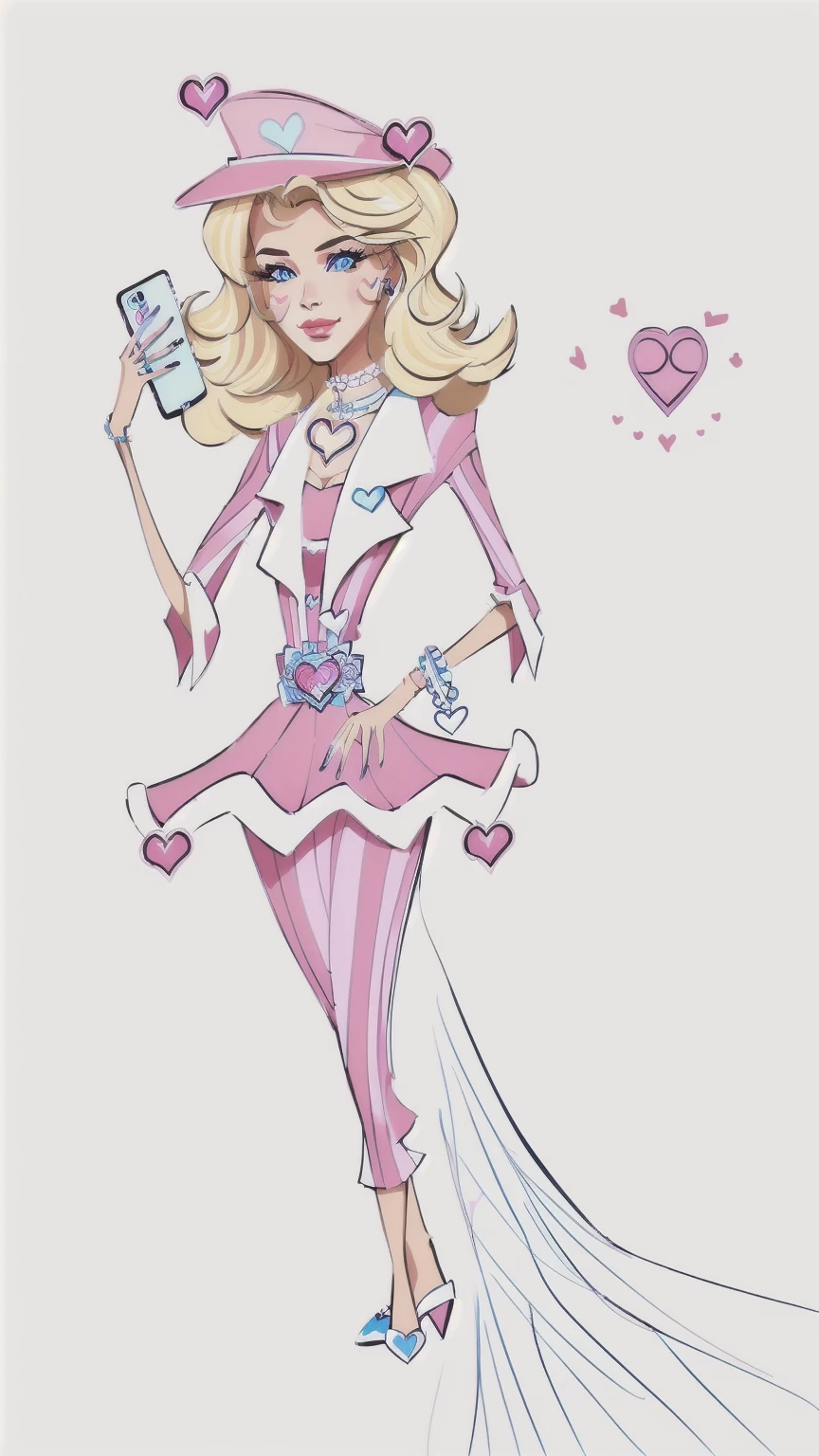 master piece, 8k detail, a colored drawing of a blonde DOLL, of a woman in a dress and hat holding a cell phone, line art coloring page, black and white line art, line art!!, sketch black and white colors, inspired by Louis Grell, sharp lineart, lineart, ever after high, stylized linework, inspired by Adélaïde Victoire Hall, intense line art, the doll has heart shaped jewelry, necklace, bracelet and lockets and a heart belt. colors are red, white, blue. NO BACKDROP, White background.