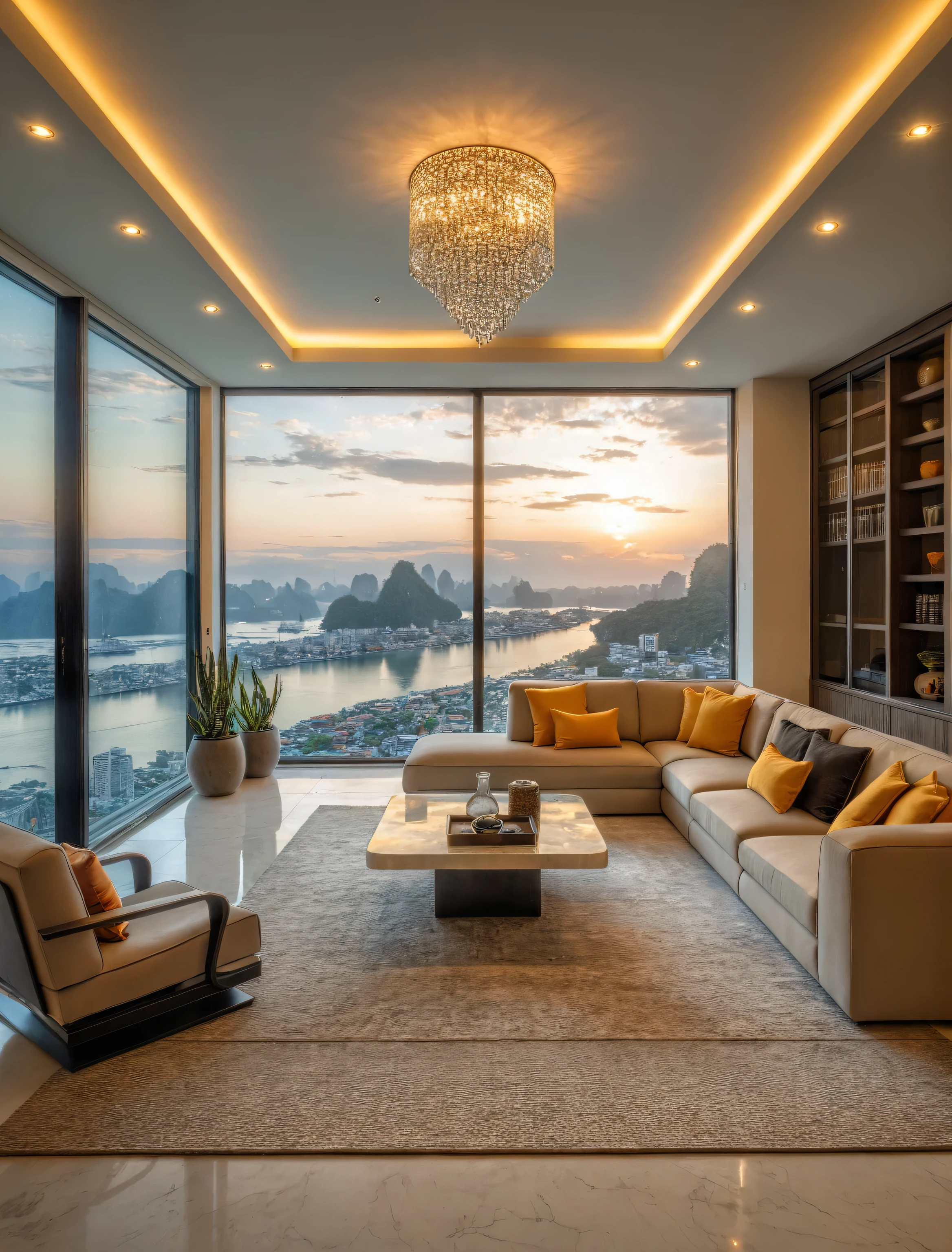 Raw photo,Masterpiece, high quality, best quality, authentic, super detail, interior, livingroom style modern luxury, sunset, day light, sofa, tea table, carpet, flower vase on tea table, wine bottle, tray, armchair, wine cabinet, books, glass cabinet doors, snake plant pot, halong bay view window, downlight, chandelier