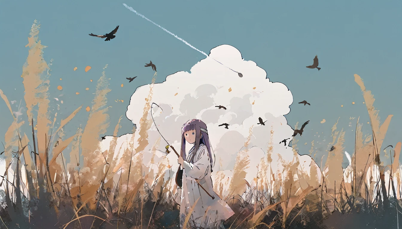 flat color, a girl named fern from sousou no freiren series, holding a huge magic wand, standing on the lawn, wind, day, amazing quality, very beautiful color, by iamuu, aesthetic, birds, beautiful scenery