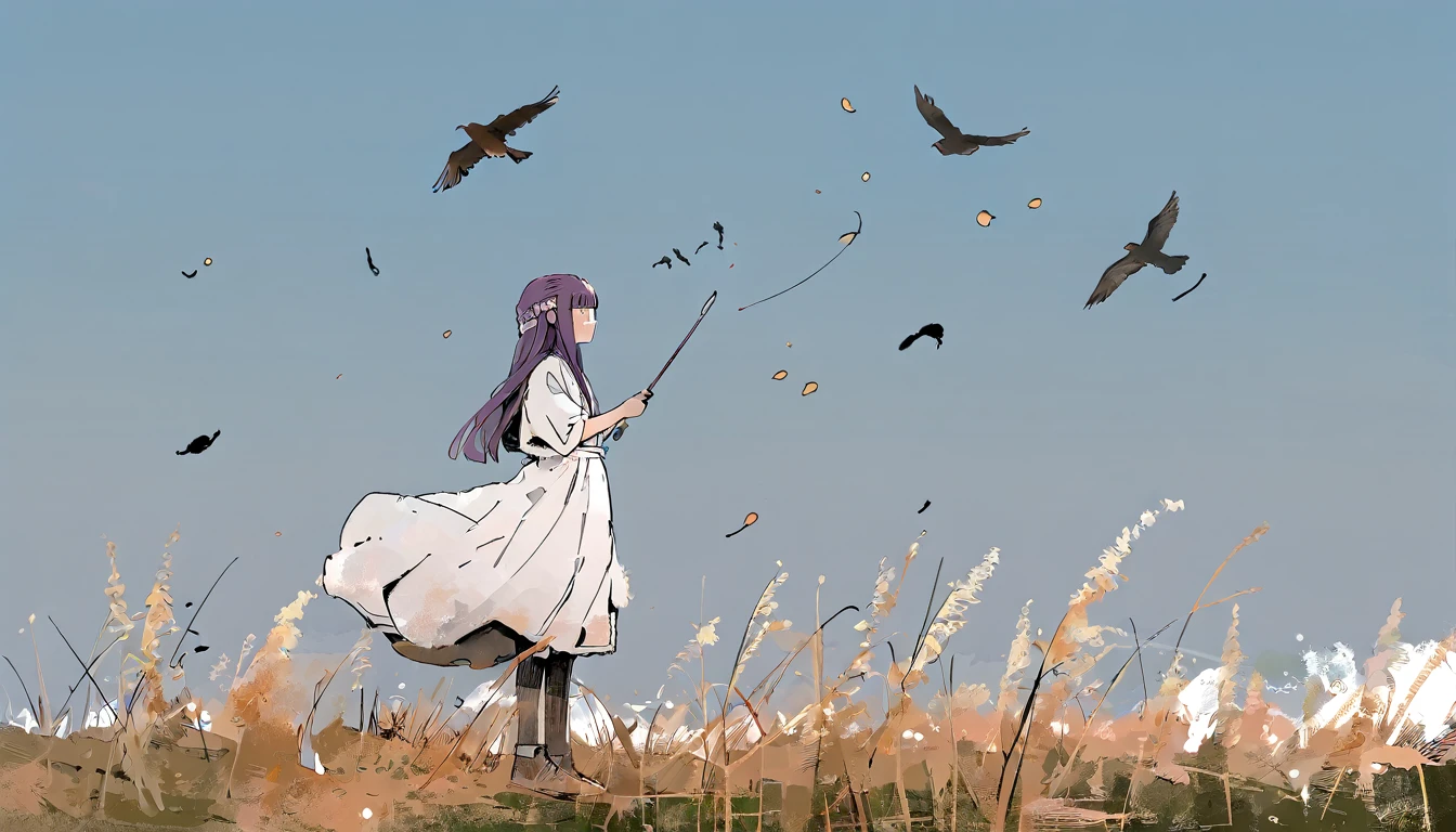 flat color, a girl named fern from sousou no freiren series, holding a huge magic wand, standing on the lawn, wind, day, amazing quality, very beautiful color, by iamuu, aesthetic, birds, beautiful scenery