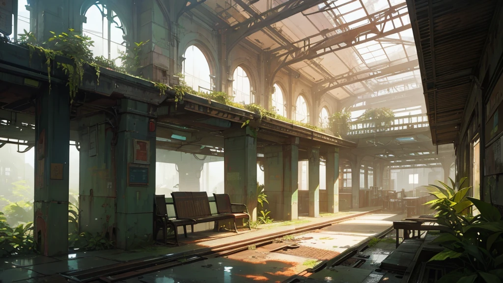 a futuristic and abandoned train station hall, overgrown with plants, benches, cyberpunk, detailed, intricate architecture, decaying, moody lighting, neon signs, futuristic technology, rust, debris, high detail
