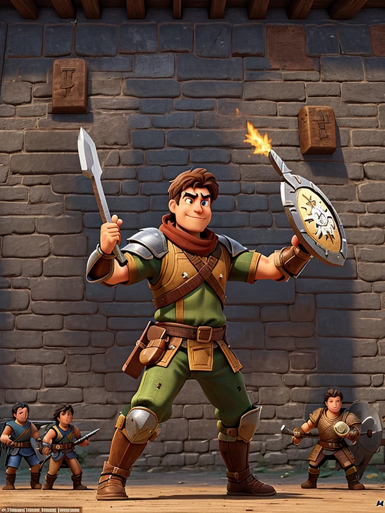 2d, pixel art, The Warrior is the front line of the group, wearing sturdy iron and leather armor, and wielding a broadsword and ornate shield. He excels in melee combat, using powerful strikes and defensive abilities such as Devastating Slash and Iron Wall to protect his allies and deal great damage to enemies.
