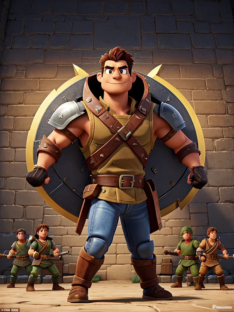 2d, pixel art, The Warrior is the front line of the group, wearing sturdy iron and leather armor, and wielding a broadsword and ornate shield. He excels in melee combat, using powerful strikes and defensive abilities such as Devastating Slash and Iron Wall to protect his allies and deal great damage to enemies.