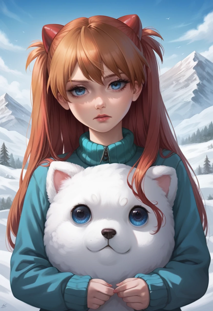best quality, 4k, high resolution , anime girl , young girl, 24 years old, bangs, long hair, tired face, perfect shot, perfect anatomy, detailed face, detailed eyes, snowy background , mountain range, snow man, tall girl , 2 girls, realistic, 4k , masterpiece , ilustration, digital art, full body, sohryu_asuka_langley, sitting, pov ,solo girl