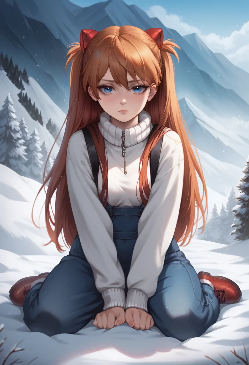 best quality, 4k, high resolution , anime girl , young girl, 24 years old, bangs, long hair, tired face, perfect shot, perfect anatomy, detailed face, detailed eyes, snowy background , mountain range, snow man, tall girl , 2 girls, realistic, 4k , masterpiece , ilustration, digital art, full body, sohryu_asuka_langley, sitting, pov ,solo girl