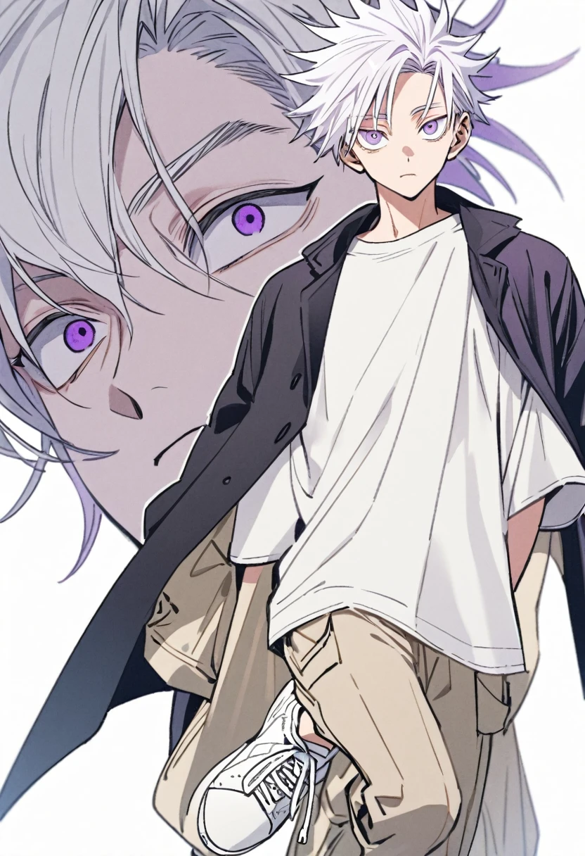 A jujutsu kaisen style boy with white hair with purple highlights, purple eyes he is wearing a basic white t-shirt, with a beige cargo and white sneakers