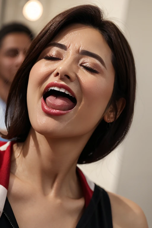Pieces fly,Award-winning photo, Very detailed, Edge Orgasm, Woman with open mouth and closed eyes , Sweaty skin、Lighting that highlights shiny sweat{{{Spread the word }}}, Black Hair、Browsing Caution,{{{{Crowd of elderly male spectators,Surrounded by men,}}}},(Long, narrow nostrils)、Raise your arms behind your head,