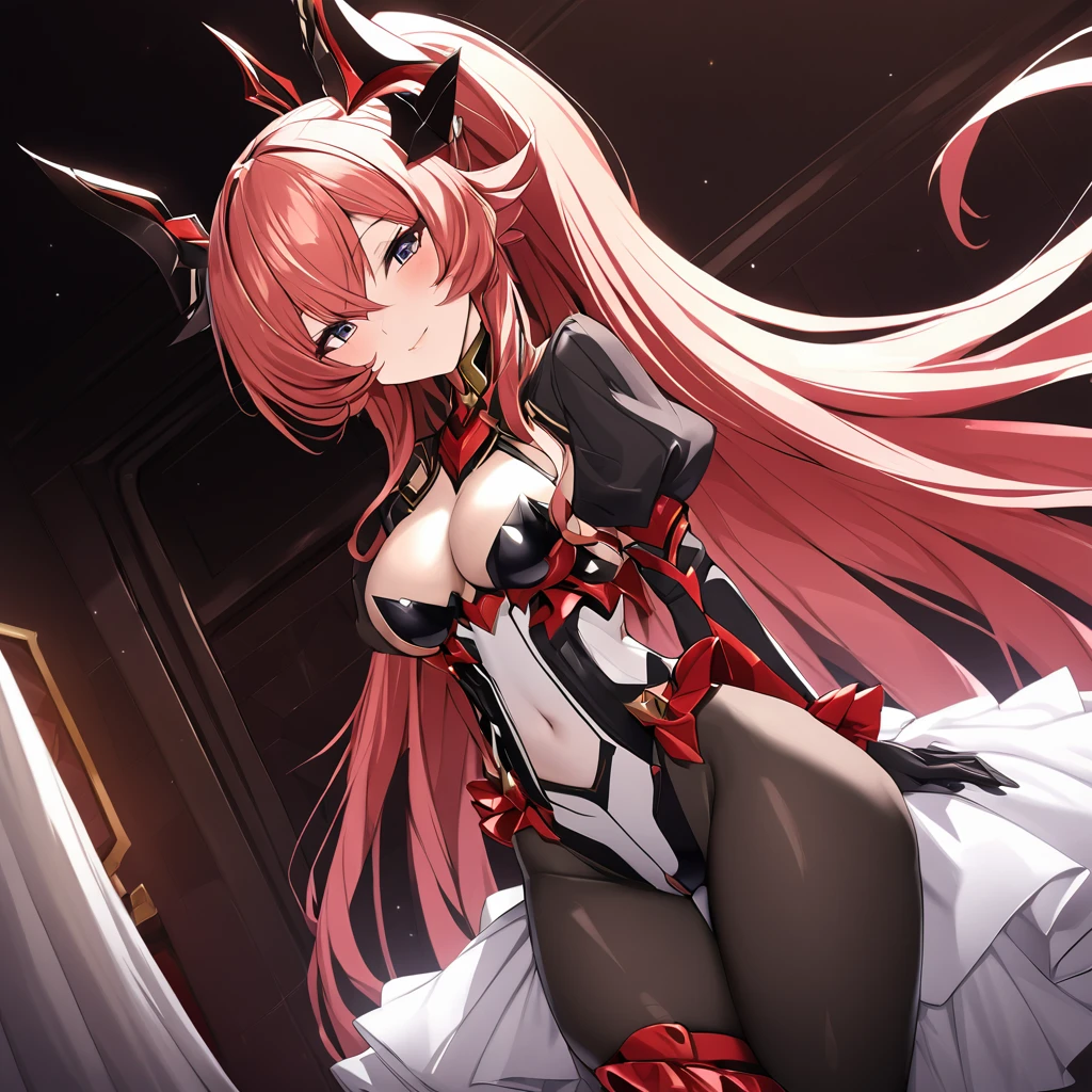 ((Highest quality)), ((masterpiece)), (detailed), (Perfect Face)、The woman is a naked demon queen, Devil Queen Extia Chevalier, wearing a shiny black full-body suit decorated with gold, a female demon, Devil Queen Extia Chevalier、The woman is a female demon with magnificent devil horns, jet black devil wings, and a jet black tail. She is an Extia Chevalier demon with a happy expression as she looks at the camera, with red, medium-long hair in a ponytail and the expression of a girl in love.、The woman is Extia Chevalier