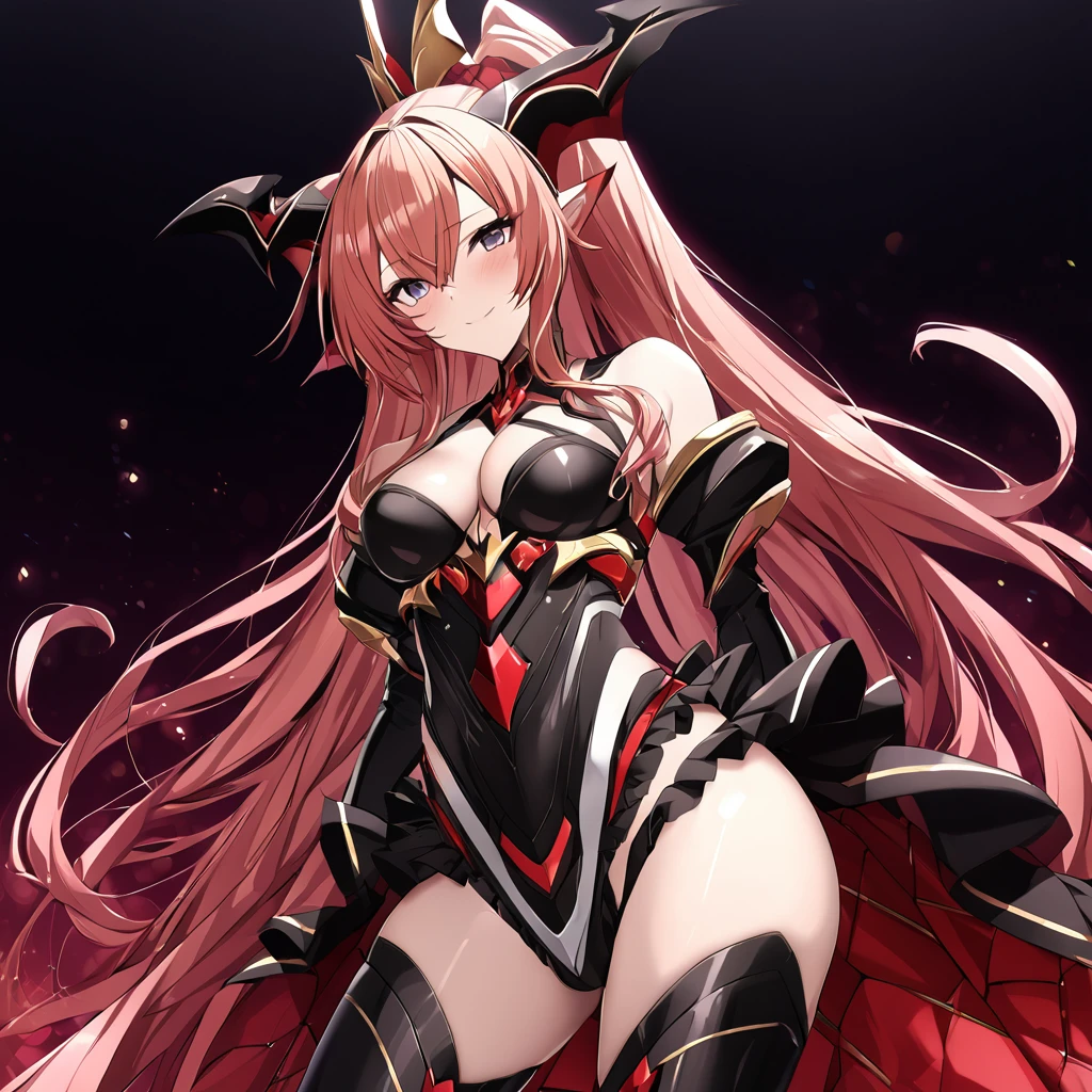 ((Highest quality)), ((masterpiece)), (detailed), (Perfect Face)、The woman is a naked demon queen, Devil Queen Extia Chevalier, wearing a shiny black full-body suit decorated with gold, a sexy female demon, Devil Queen Extia Chevalier、The woman is a female demon with magnificent devil horns, jet black devil wings, and a jet black tail. She is an Extia Chevalier demon with a happy expression as she looks at the camera, with red, medium-long hair in a ponytail and the expression of a girl in love.、The woman is Extia Chevalier