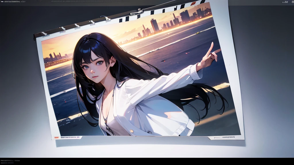 headphone, masterpiece, Highest quality, Ultra-high resolution (Reality: 1.4), Original photo, 35mm lens, Aperture F1.4, Movie Posters, Light and shadow, girl, White cardigan, Long black hair, Real Skin, (Skin Details: 1.3),