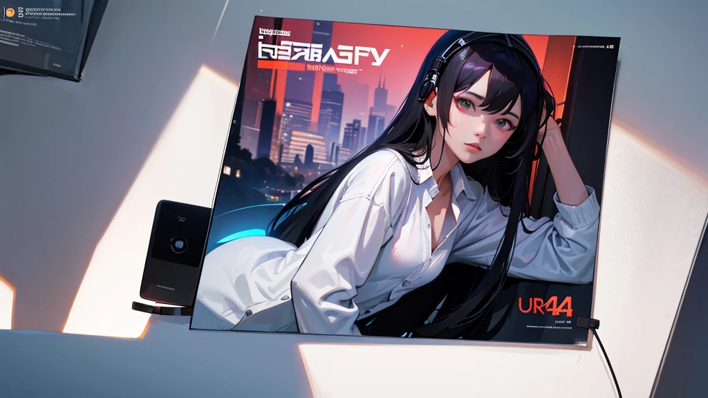 headphone, masterpiece, Highest quality, Ultra-high resolution (Reality: 1.4), Original photo, 35mm lens, Aperture F1.4, Movie Posters, Light and shadow, girl, White cardigan, Long black hair, Real Skin, (Skin Details: 1.3),