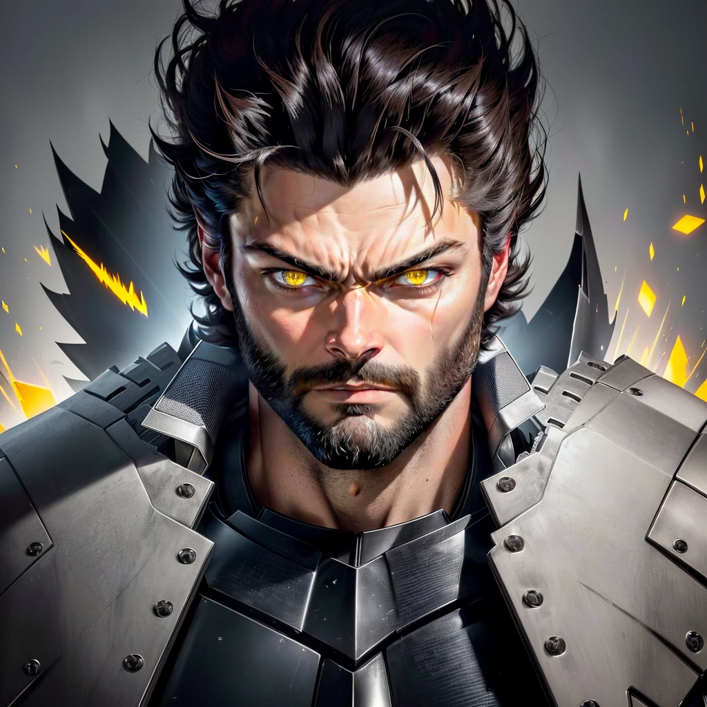 blurred image of a man with bright eyes and a beard, Karl Urban as wolverine, Karl Urban, his eyes glowing yellow, ele tem olhos de fogo, glowing ember eyes, glowing arcane eyes, Karl Urban as a dragonslayer, with glowing yellow eyes, wolverine, bright judgmental eyes, epic portrait of menacing, supernatural golden eyes, focused amber eyes