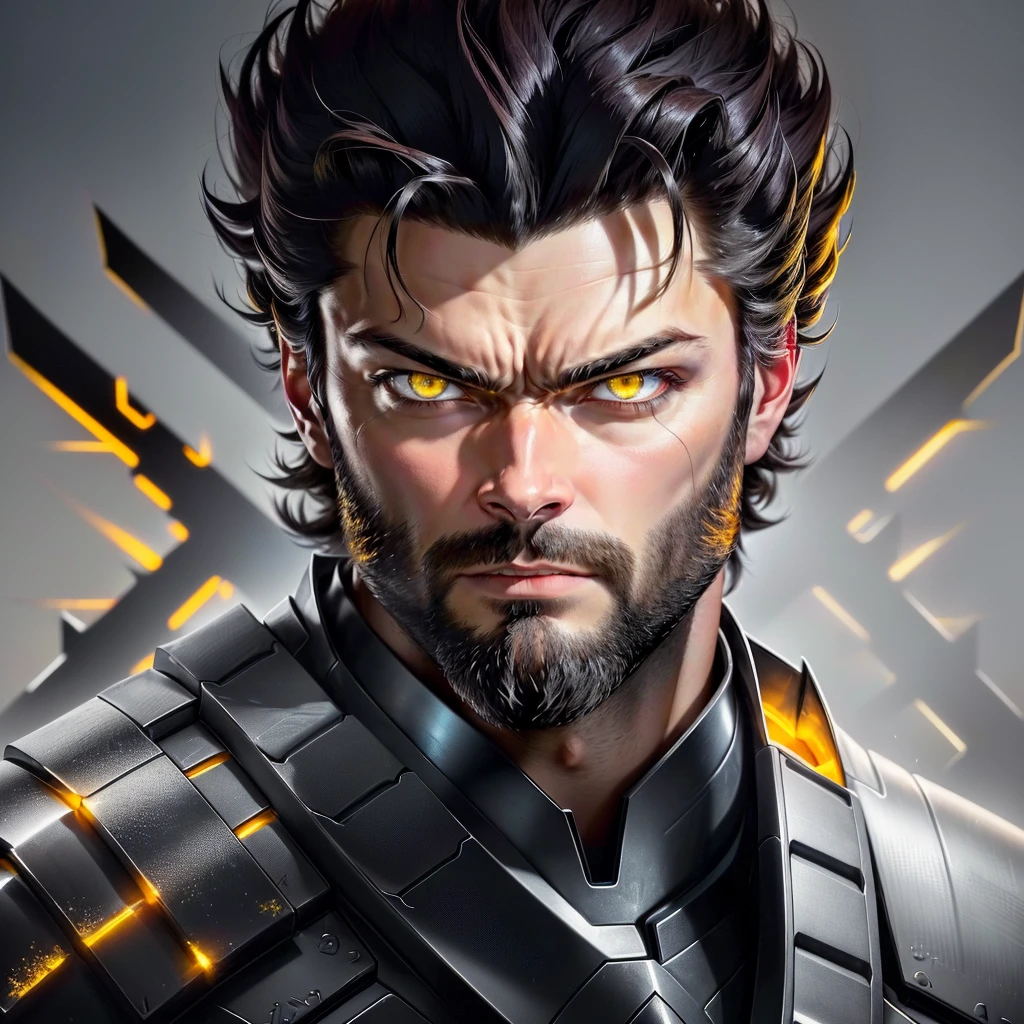 blurred image of a man with bright eyes and a beard, Karl Urban as wolverine, Karl Urban, his eyes glowing yellow, ele tem olhos de fogo, glowing ember eyes, glowing arcane eyes, Karl Urban as a dragonslayer, with glowing yellow eyes, wolverine, bright judgmental eyes, epic portrait of menacing, supernatural golden eyes, focused amber eyes