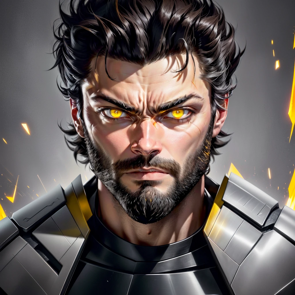 blurred image of a man with bright eyes and a beard, Karl Urban as wolverine, Karl Urban, his eyes glowing yellow, ele tem olhos de fogo, glowing ember eyes, glowing arcane eyes, Karl Urban as a dragonslayer, with glowing yellow eyes, wolverine, bright judgmental eyes, epic portrait of menacing, supernatural golden eyes, focused amber eyes