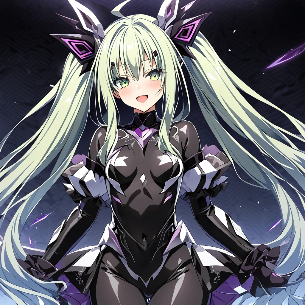 ((Highest quality)), ((masterpiece)), (detailed), (Perfect Face)、The woman is a naked demon queen, Devil Queen Extia Flora, wearing a shiny black full-body bodysuit decorated with gold, a sexy female demon, Devil Queen Extia Flora、The woman is a female demon with magnificent devil horns, jet black devil wings, and a jet black tail. She is looking at the camera with a happy expression on her face. Her name is Extia Flora, and she has light green, semi-long hair in twin tails and the expression of a girl in love.、The woman is Extia Flora